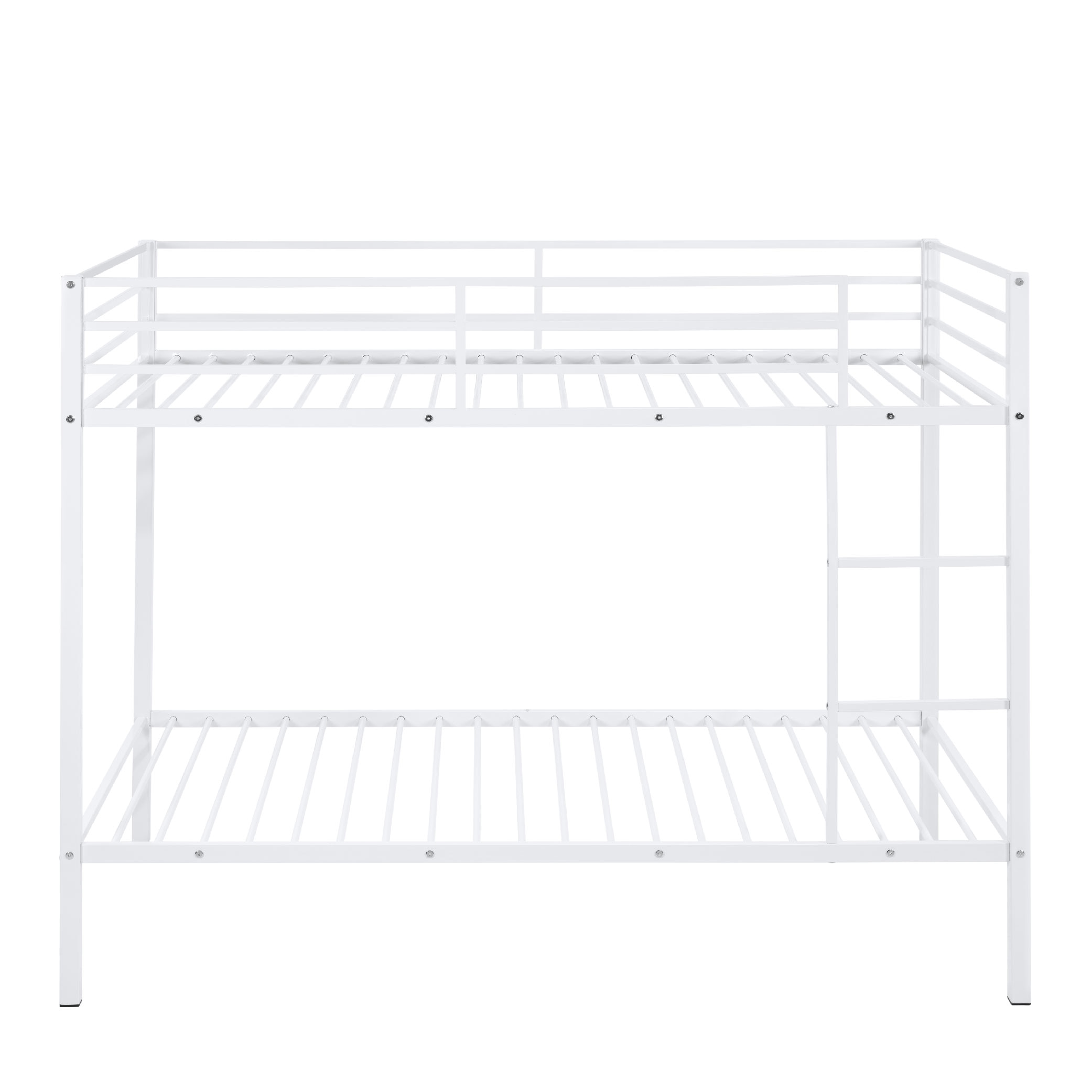 Metal Bunk Bed Twin Over Twin, Low Profile Bunk Bed Frame WithBuilt-in Ladder, High Guardrail And Metal Slats, Space-Saving Twin Size Bed Frame For Kids Teens, No Box Spring Required, White_voghion.com